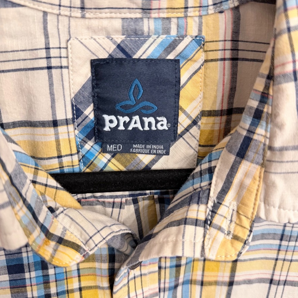 Prana Benton Mens Yellow Blue Plaid Short Sleeve Button Down Organic Cotton Med - Picture 4 of 7